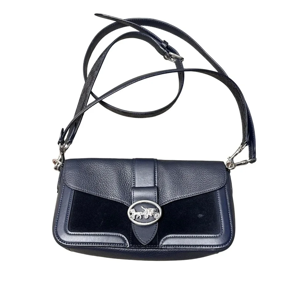 Coach Pebble Suede‎ Shoulder Bag Navy Blue Horse Carriage Logo Adjustable Strap